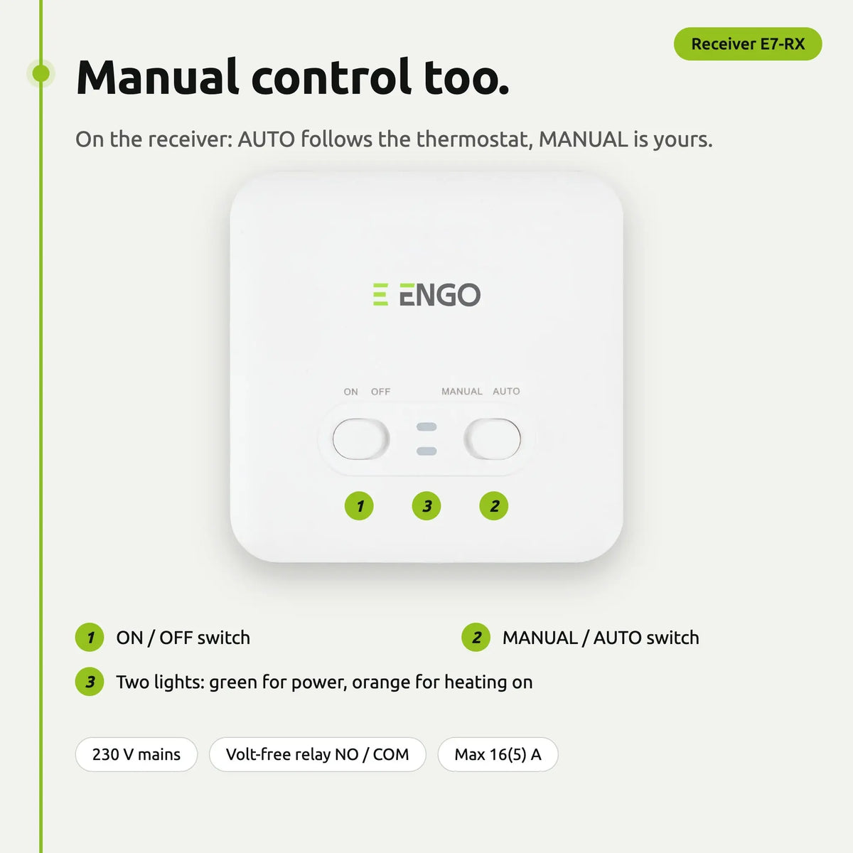 ENGO E7-RX receiver with ON/OFF and MANUAL/AUTO switches and two status lights