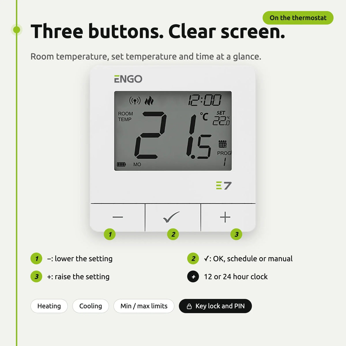 ENGO E7 thermostat in white: three buttons and a clear screen