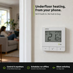 ENGO E4i white thermostat on a hallway wall: underfloor heating controlled from your phone