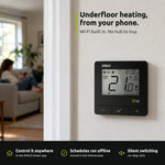 ENGO E4i black thermostat on a hallway wall: underfloor heating controlled from your phone