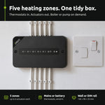 ENGO ECB5-230 wiring centre on a wall beside a fused spur: five heating zones, one tidy box