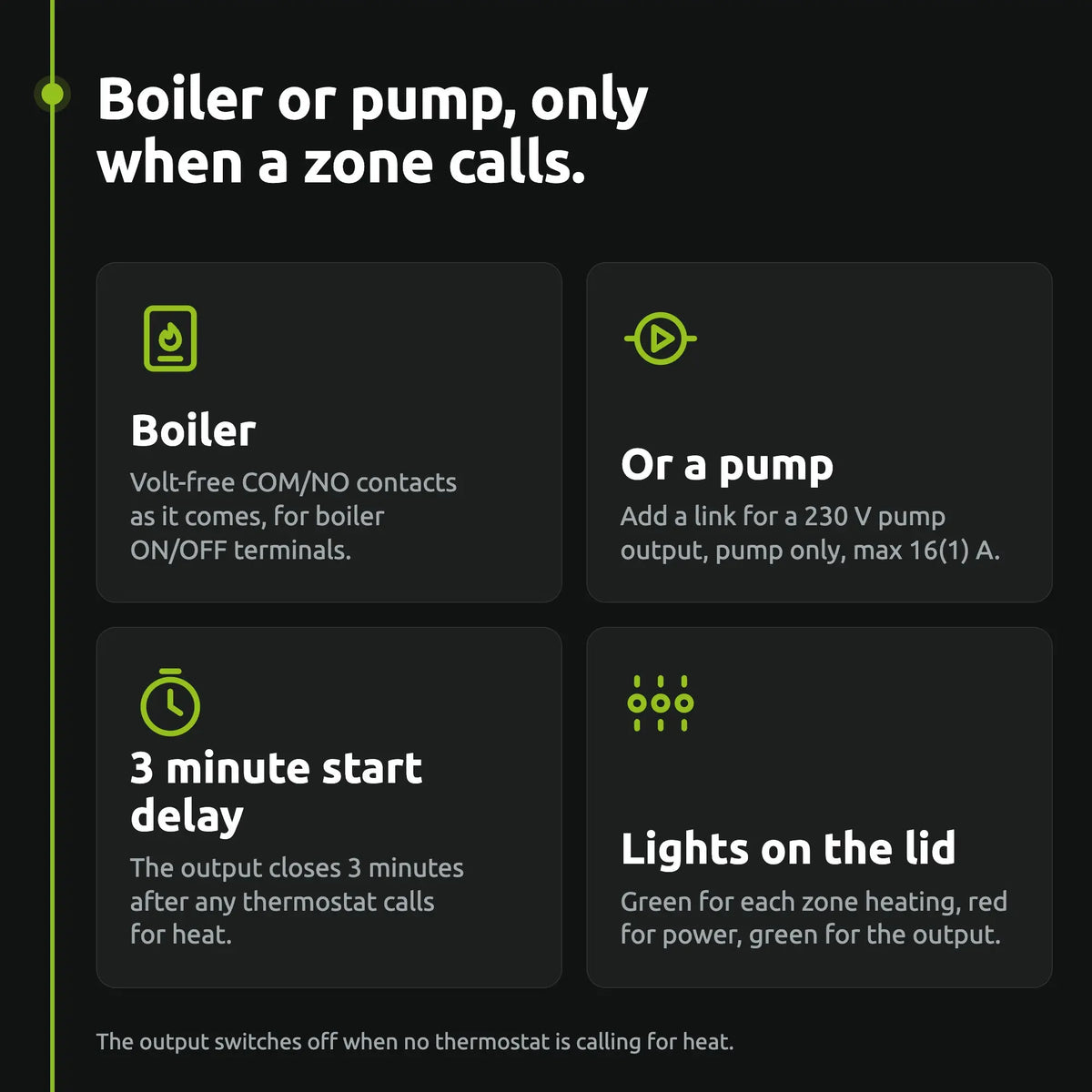 ENGO ECB5-230 wiring centre: boiler or pump output with a 3 minute start delay