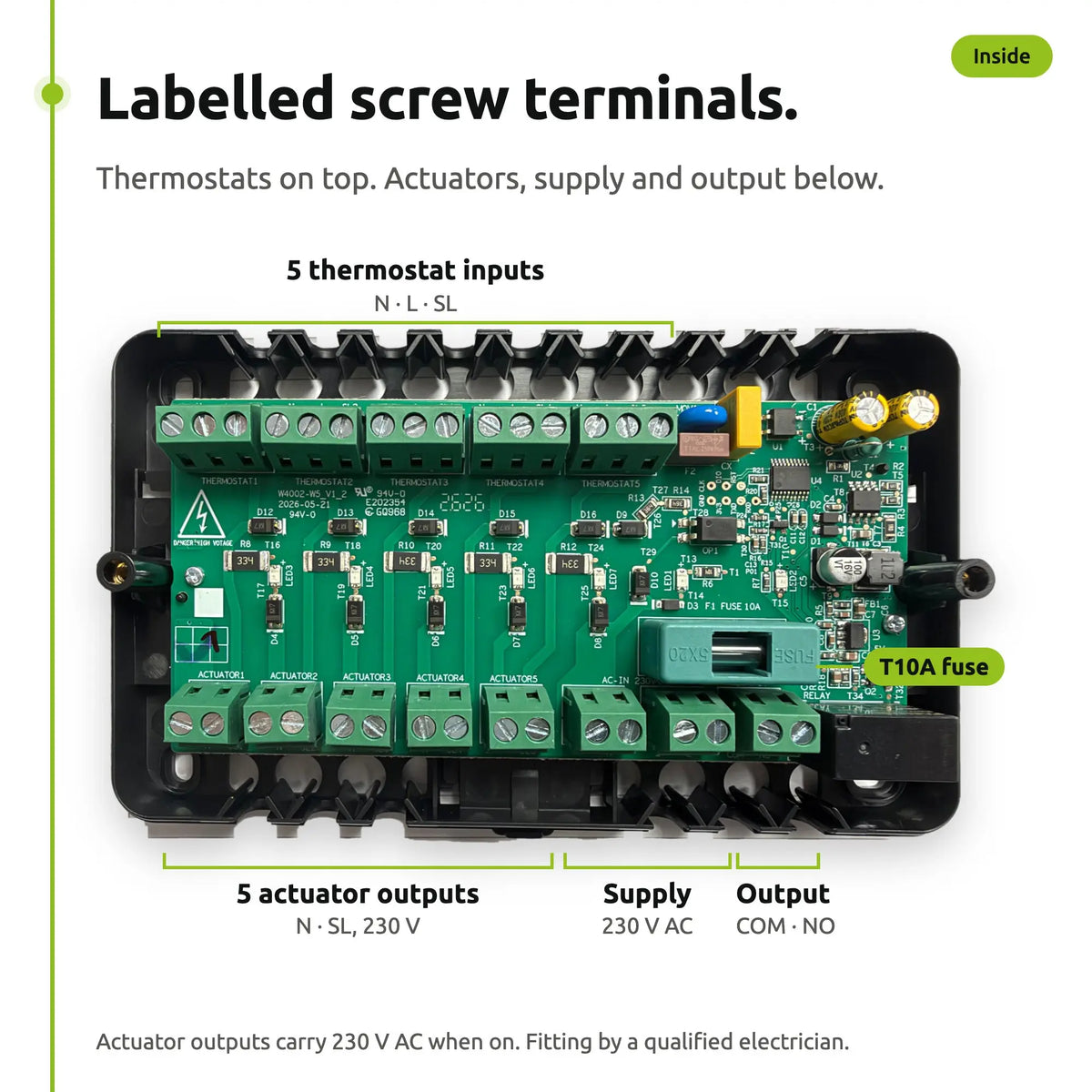 ENGO ECB5-230 wiring centre inside: labelled screw terminals for thermostats, actuators, supply and output