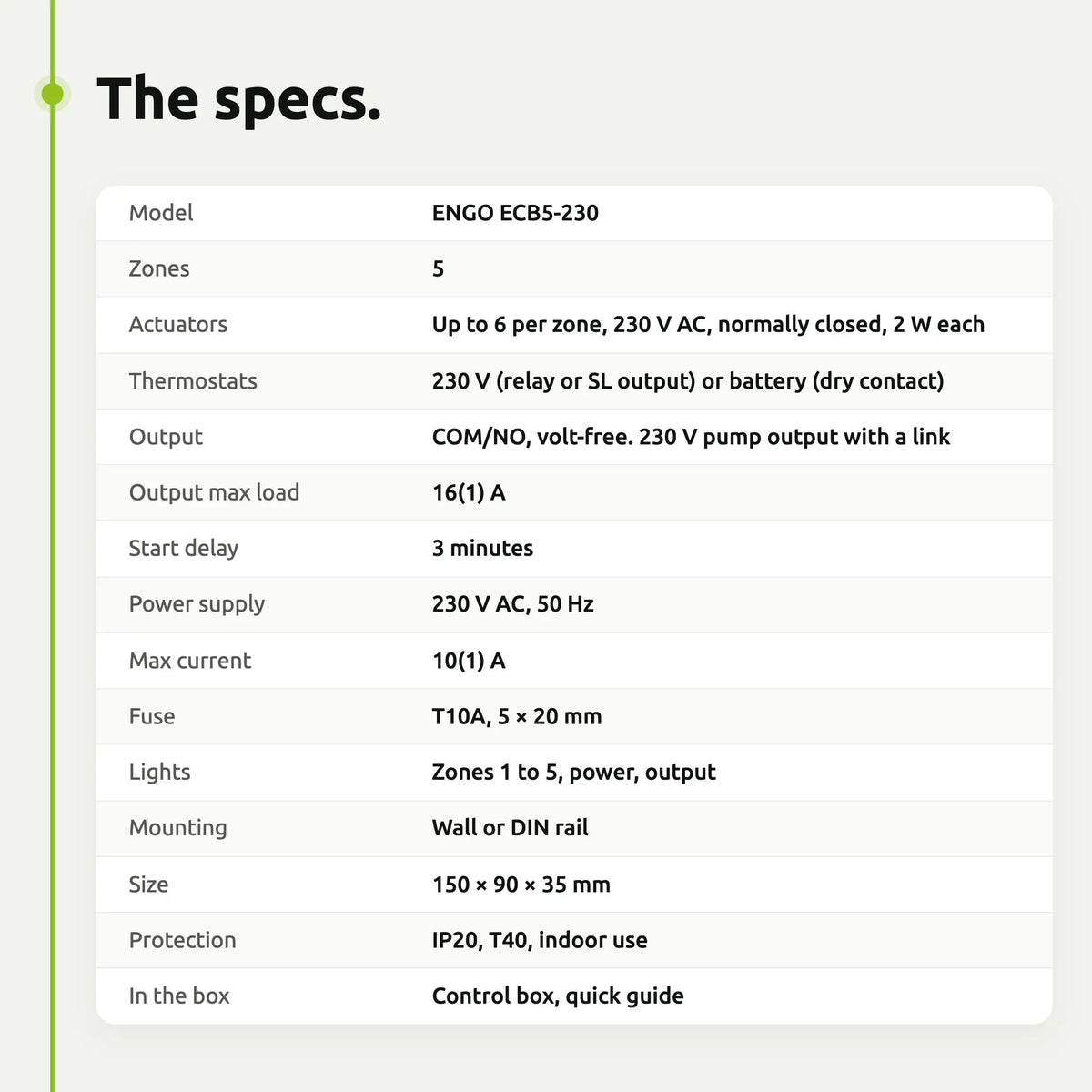 ENGO ECB5-230 wiring centre specifications table