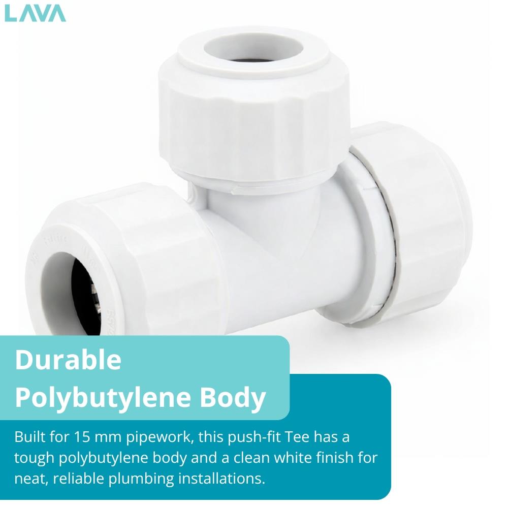 LavaPlumb 15mm push fit equal tee, white, 10 pack – detail