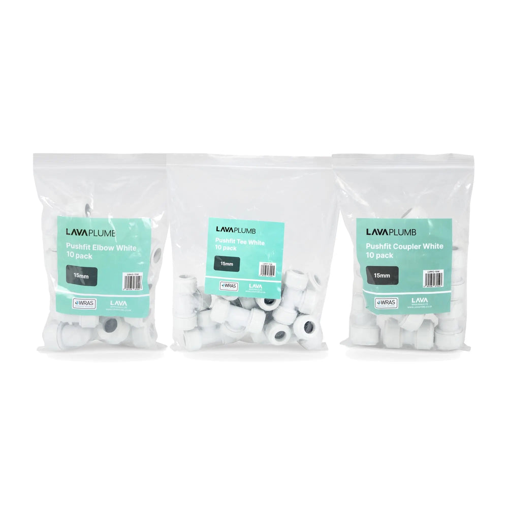 KIT - LavaPlumb 15mm Pushfit Fittings **10 Elbows + 10 Tees + 10 Couplers** LavaPlumb