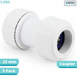 LavaPlumb 22mm push fit straight coupler, white, 5 pack – close-up