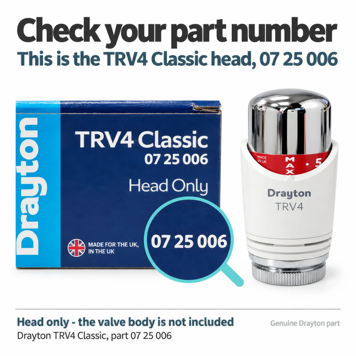 Drayton TRV4 Classic Thermostatic Radiator Valve Sensing Head Only - Chrome and White, Part 07 25 006 Drayton