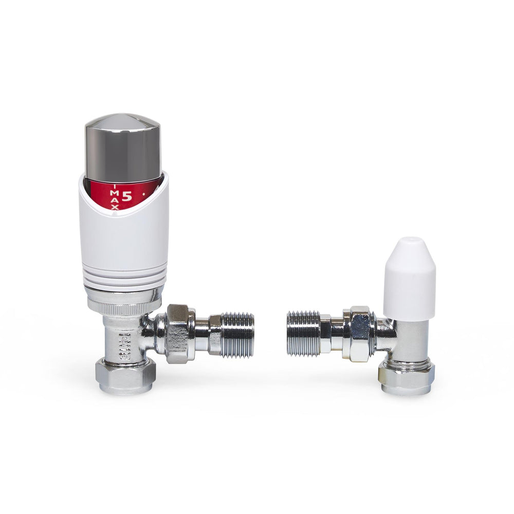 Designer White & Chrome Angled Thermostatic Radiator Valve TRV 15mm with Lockshield ESi