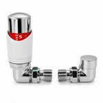 Designer white and chrome angled thermostatic radiator valve, 15mm with lockshield