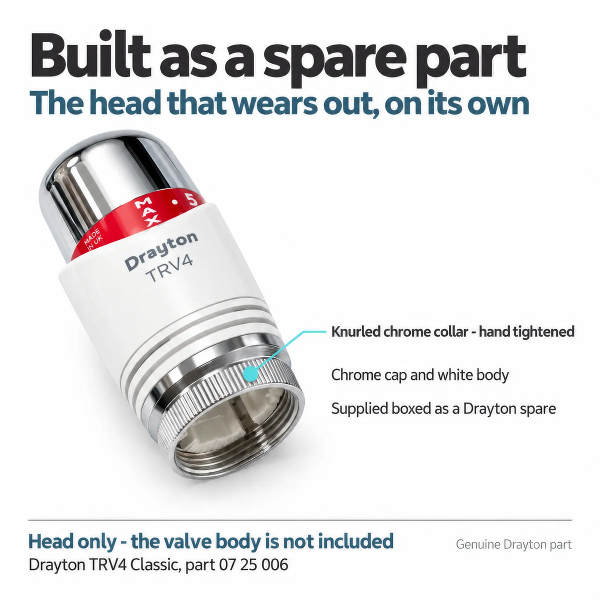 Drayton TRV4 Classic Thermostatic Radiator Valve Sensing Head Only - Chrome and White, Part 07 25 006 Drayton