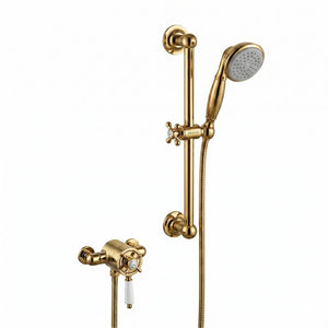 Bristan 1901 Gold Thermostatic Shower Mixer with Adjustable Riser Rail Traditional Dual Control Shower Valve Handset and Hose