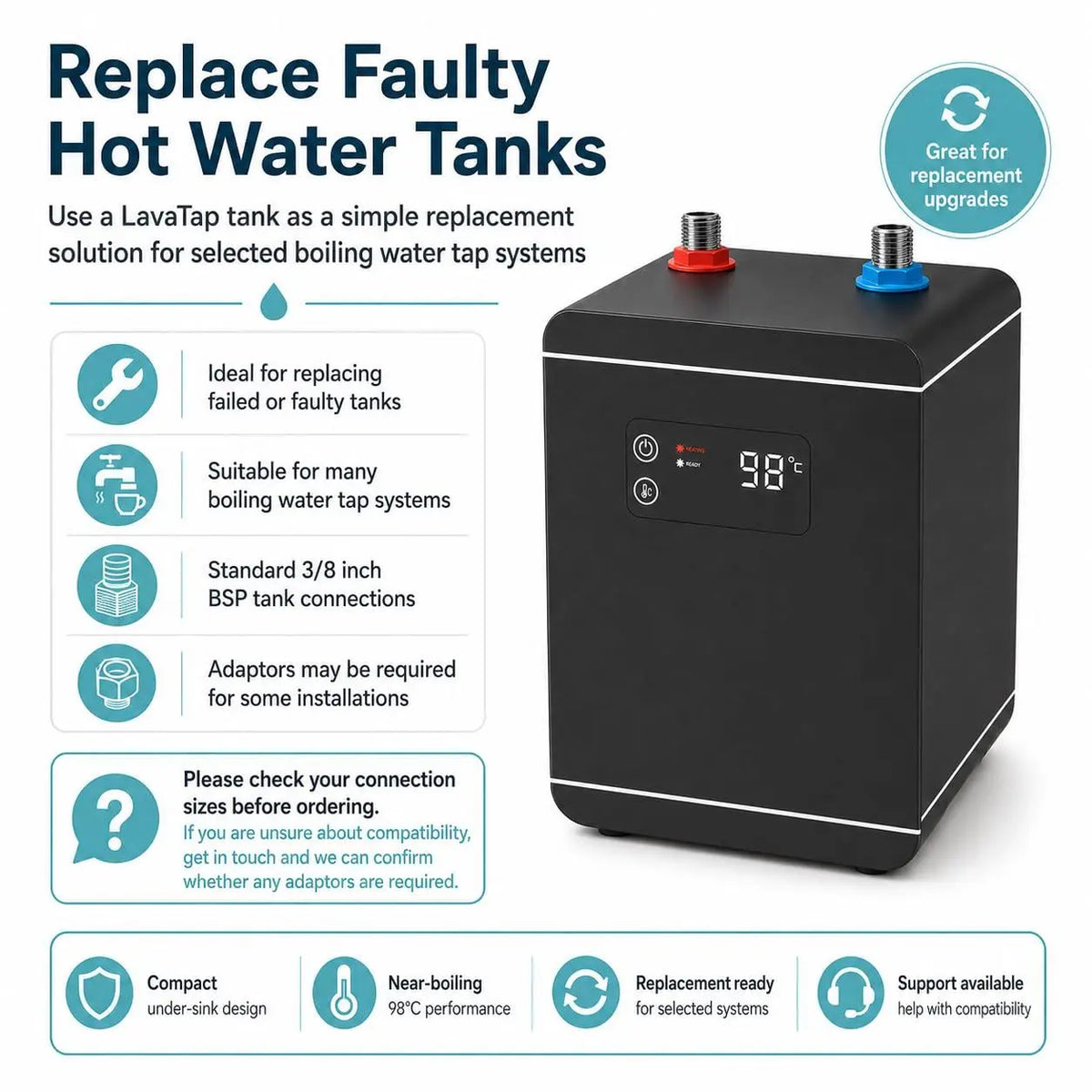Boiling Water Tap Tank 2.4L + 6mm Push Fit Adaptor LavaTap