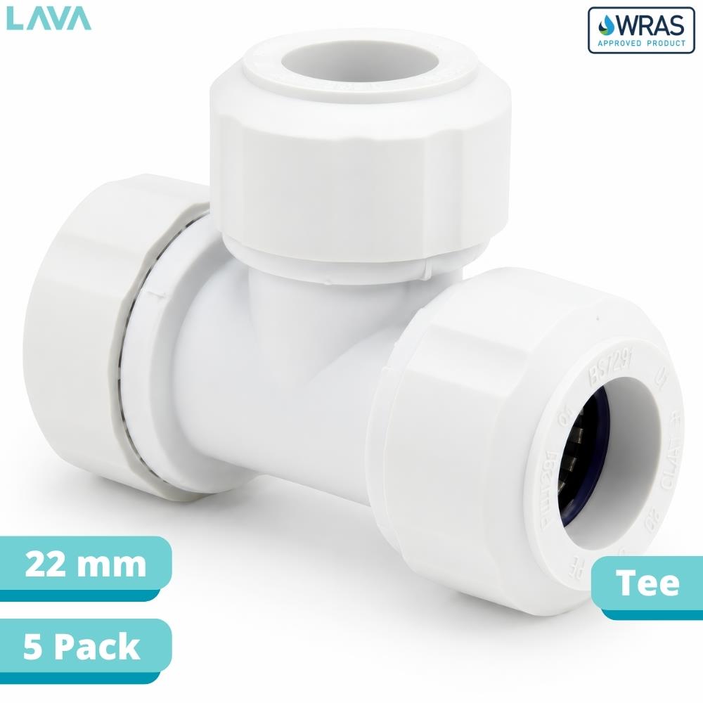 LavaPlumb 22mm push fit equal tee, white, 5 pack – close-up