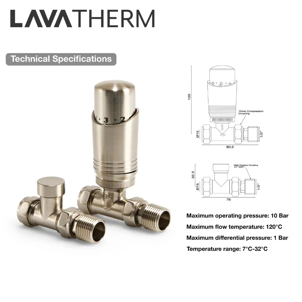 Brushed Nickel Radiator Valve – Straight TRV | LavaTherm