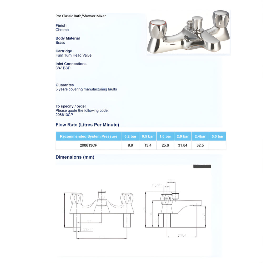 Pro Tap Classic Bath Shower Mixer with Handset and Hose