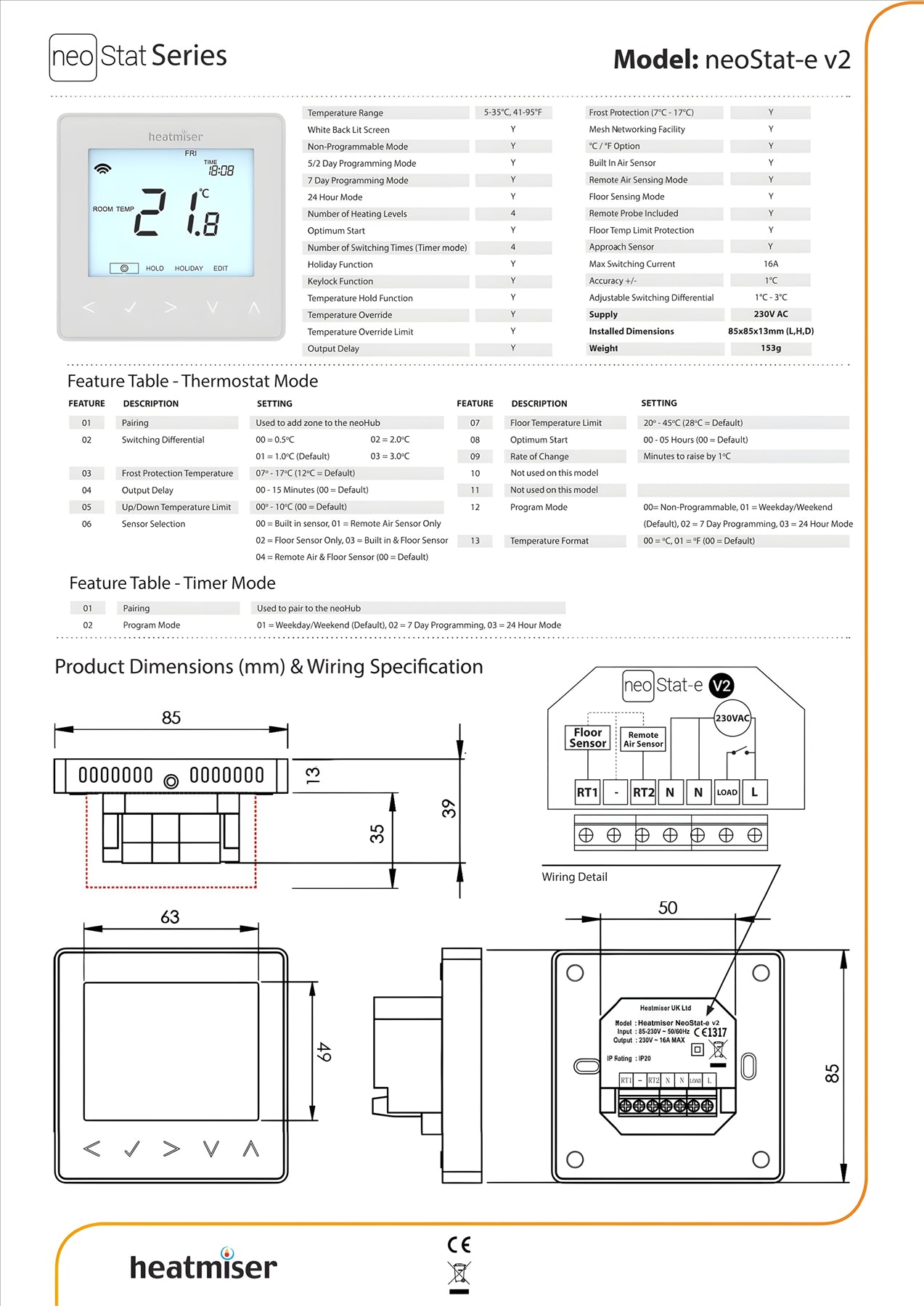 Heatmiser NeoStat-E V2 Electric Heating Thermostat - White