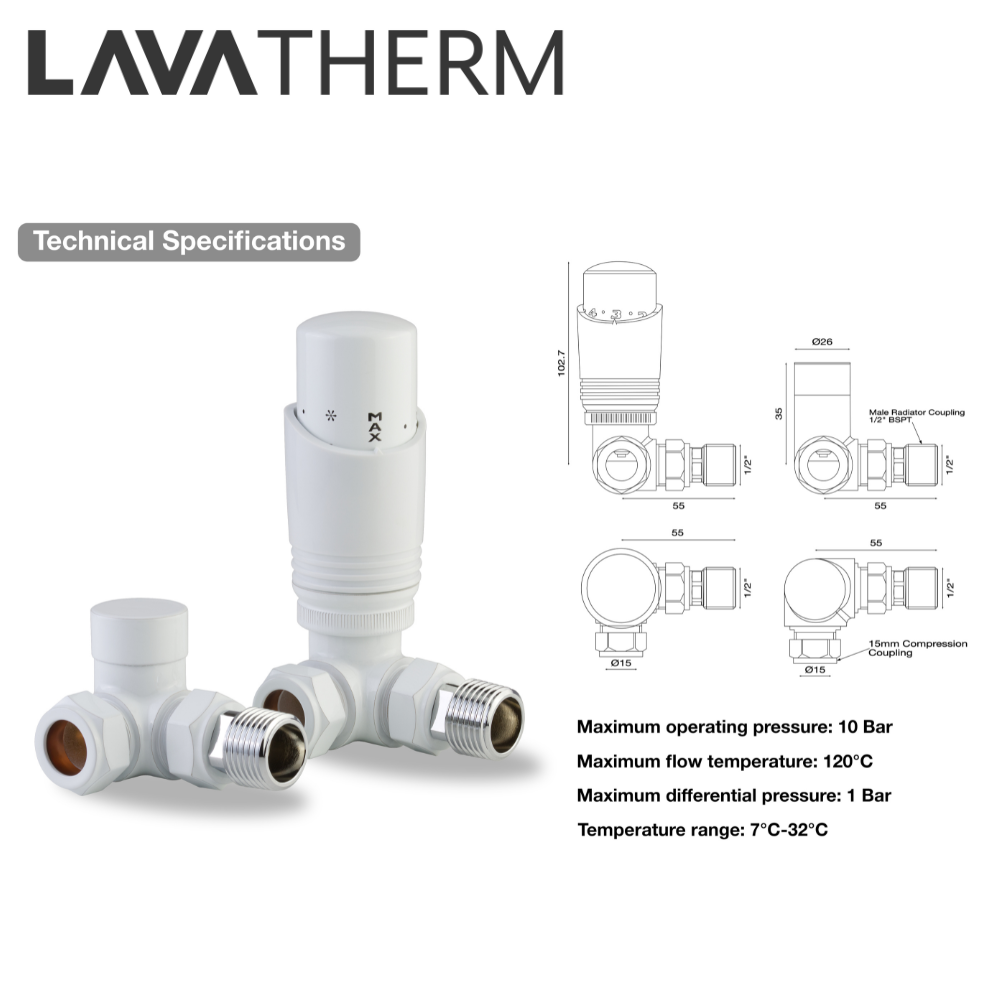 LavaTherm TRV White Thermostatic Radiator Valve - Corner LavaTherm - Side Profile
