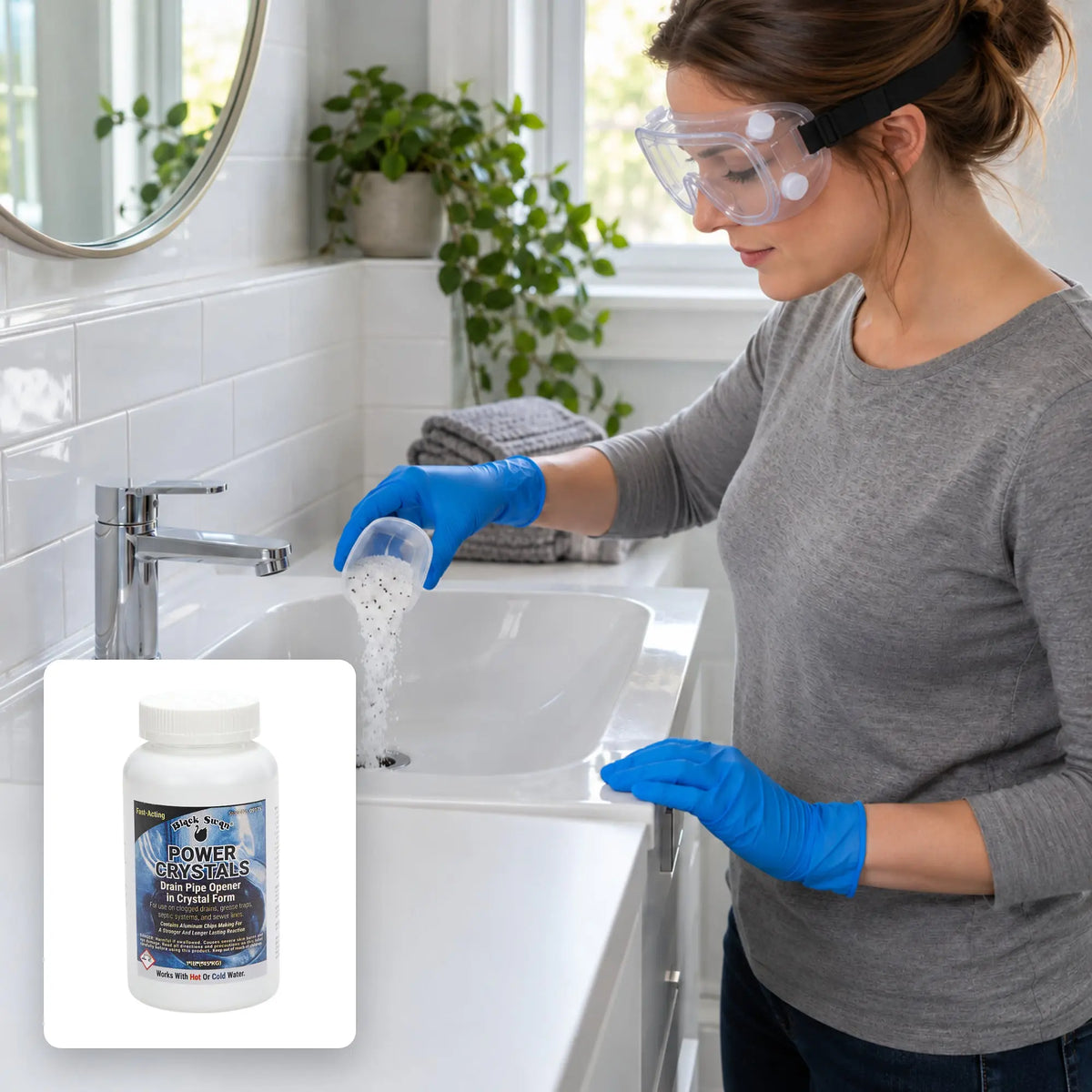 Black Swan Power Crystals – used at a bathroom basin with gloves and goggles