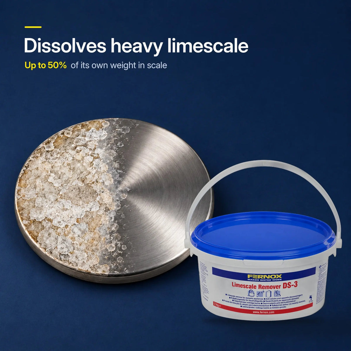 Dissolves heavy limescale, up to 50% of its own weight in scale