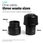 One valve, three waste sizes: 32, 40 and 50mm