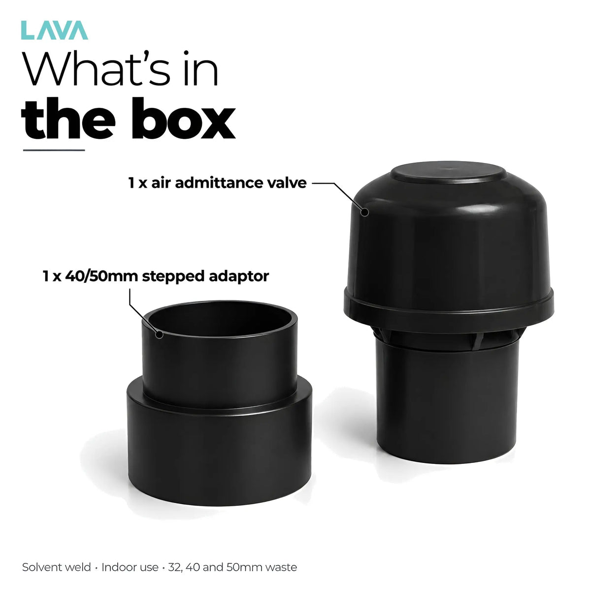 What's in the box: valve and 40/50mm stepped adaptor