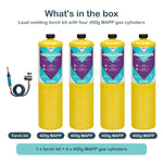 Lead welding kit with 4 x 400g MAPP gas - what's in the box