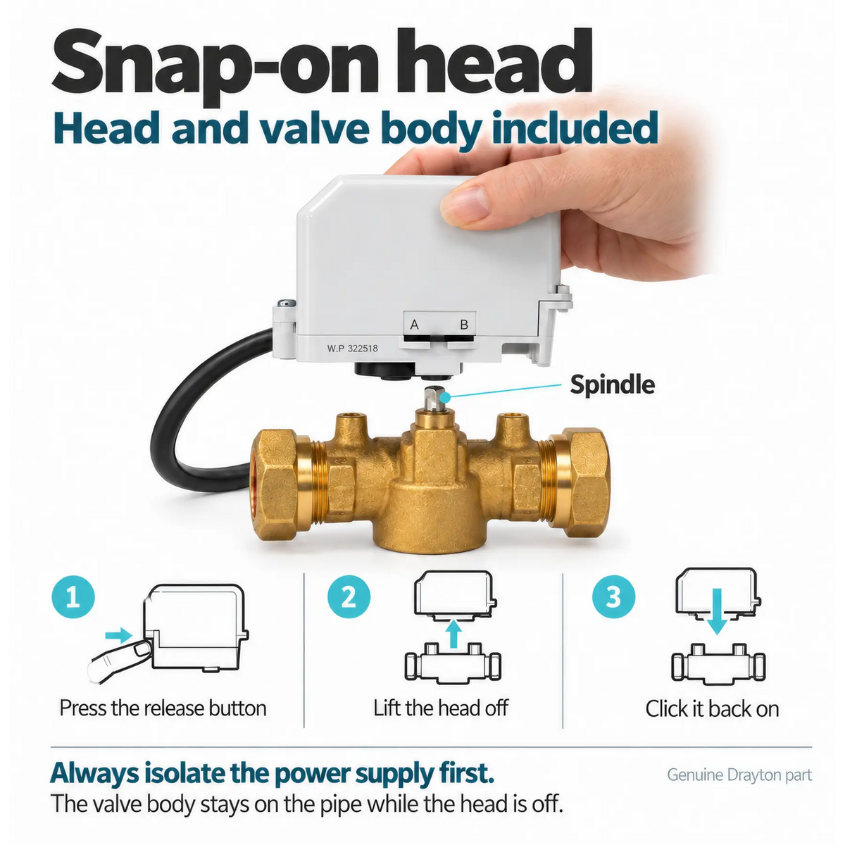 Drayton 27100 2-port motorised zone valve, 22mm, complete with valve body and actuator – view 8