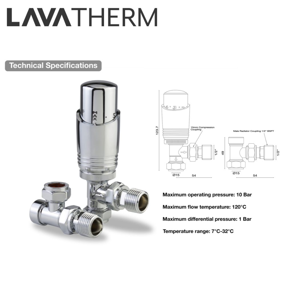LavaTherm TRV Chrome Thermostatic Radiator Valve - Angled LavaTherm - Side Profile