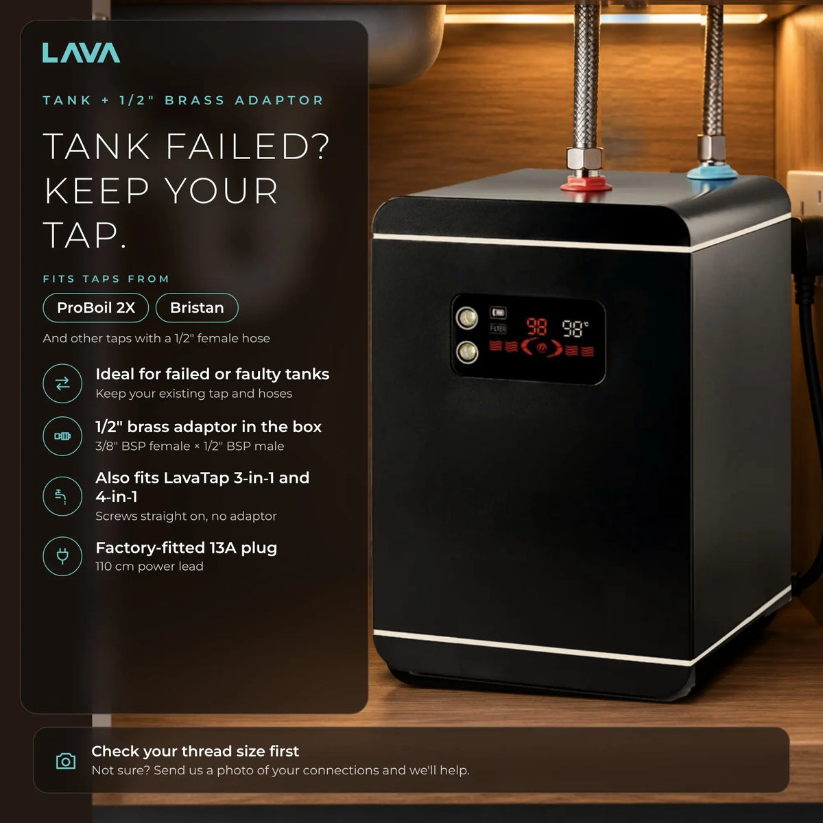 LavaTap 2.4 L boiling water tank with 1/2 inch brass adaptor - replace your old boiling water tank, keep your existing tap and hoses, fits ProBoil 2X and Bristan taps (check your size first)