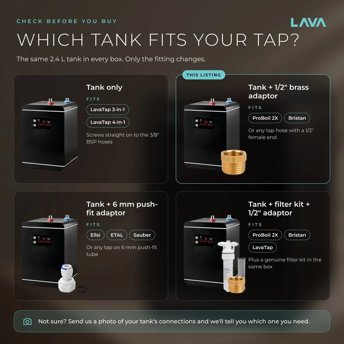 LavaTap 2.4 L boiling water tank with 1/2 inch brass adaptor - which tank fits your tap