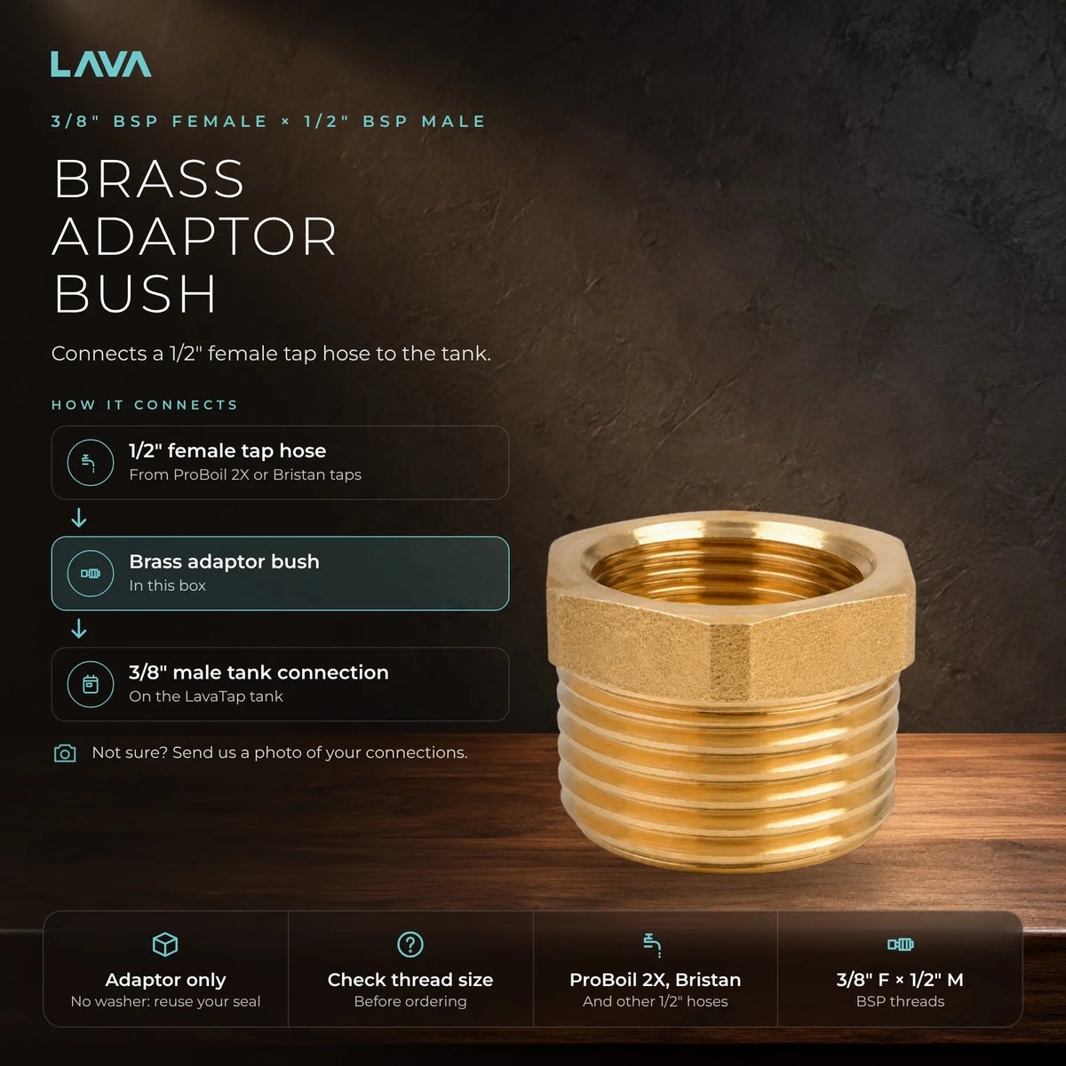 LavaTap 2.4 L boiling water tank with 1/2 inch brass adaptor - how it connects, 3/8 BSP female x 1/2 BSP male brass bush