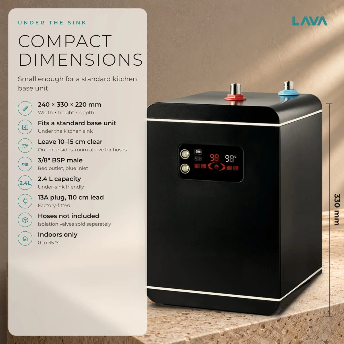 LavaTap 2.4 L boiling water tank with 1/2 inch brass adaptor - true size 240 x 330 x 220 mm