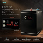 LavaTap 2.4 L boiling water tank - real display: red current temperature, white set temperature, 45 to 98 C, 14 settings