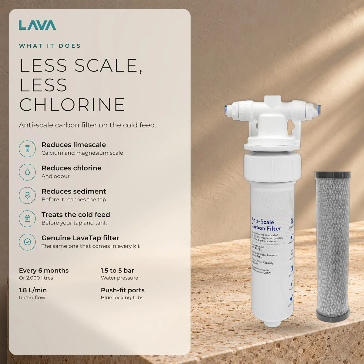 Less scale, less chlorine: anti-scale carbon filter on the cold feed reduces limescale, chlorine, odour and sediment
