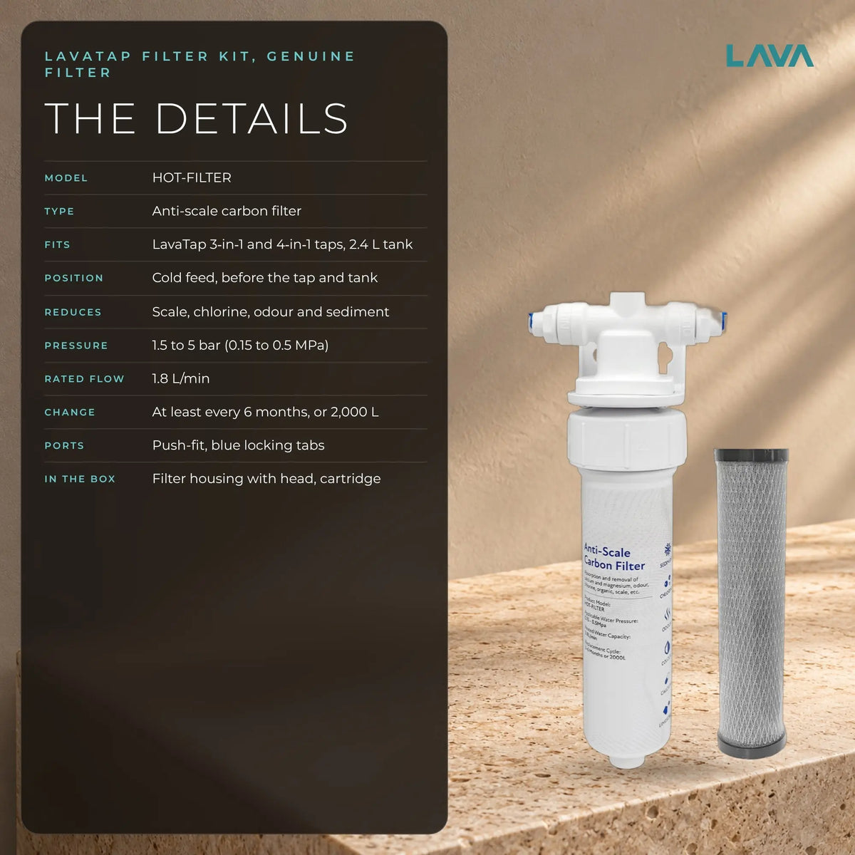 LavaTap filter kit details: HOT-FILTER anti-scale carbon filter, 1.5 to 5 bar, 1.8 L/min, push-fit ports