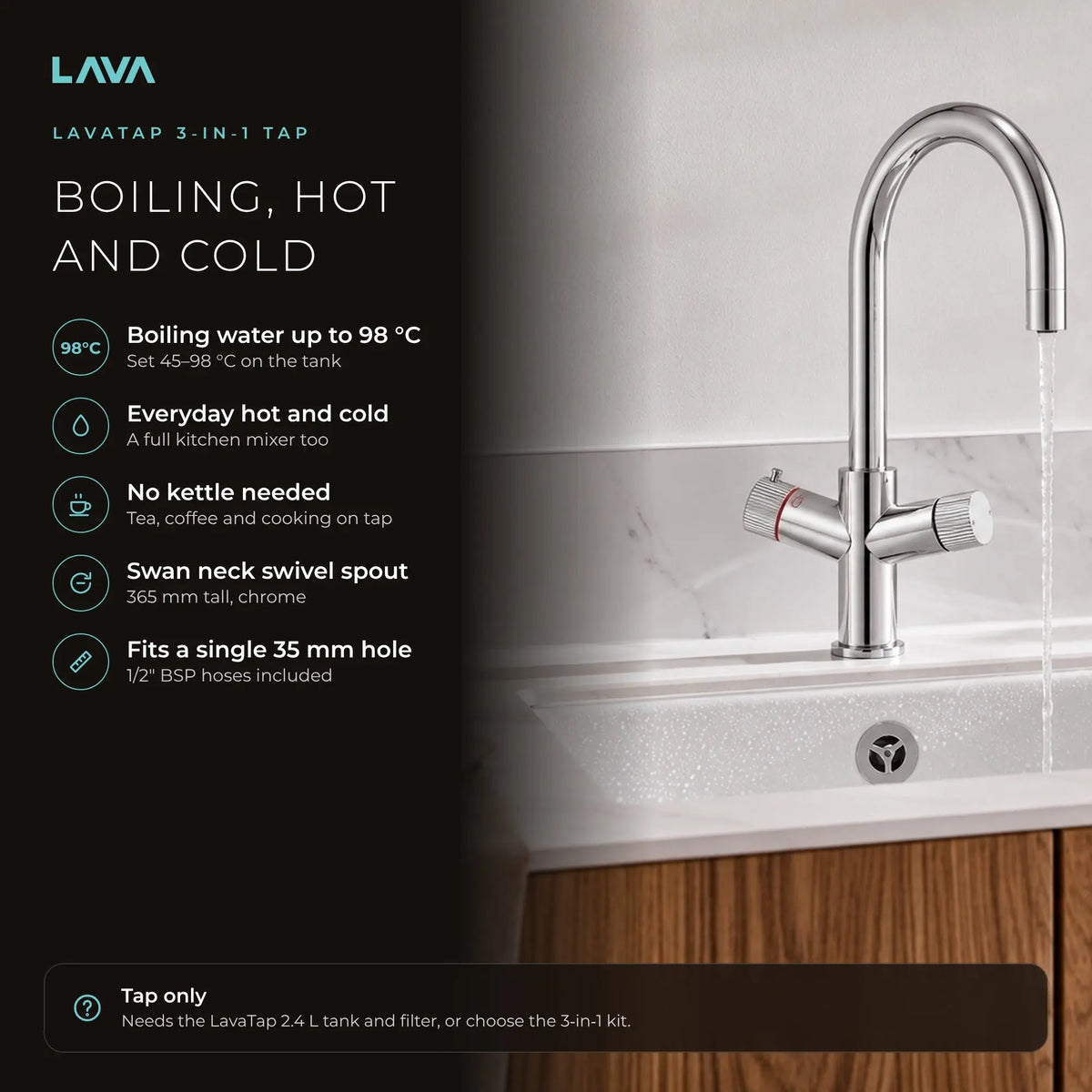 LavaTap chrome 3-in-1 swan neck boiling water tap: boiling, hot and cold water from one tap