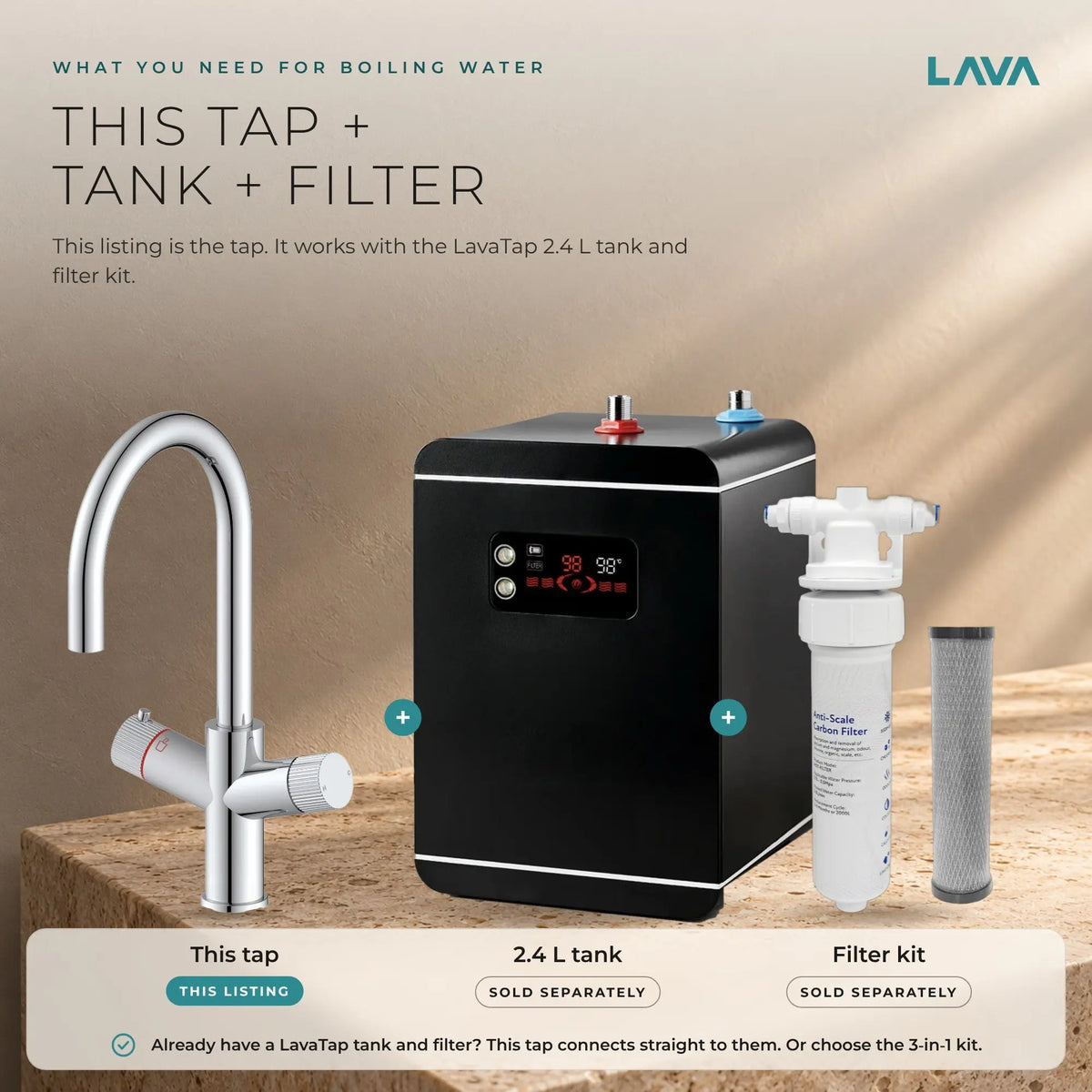 LavaTap chrome 3-in-1 swan neck boiling water tap: what you need: tap plus tank and filter