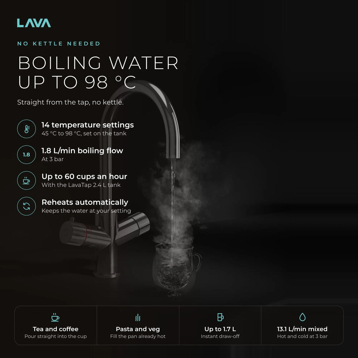 LavaTap chrome 3-in-1 swan neck boiling water tap: instant water up to 98 °C
