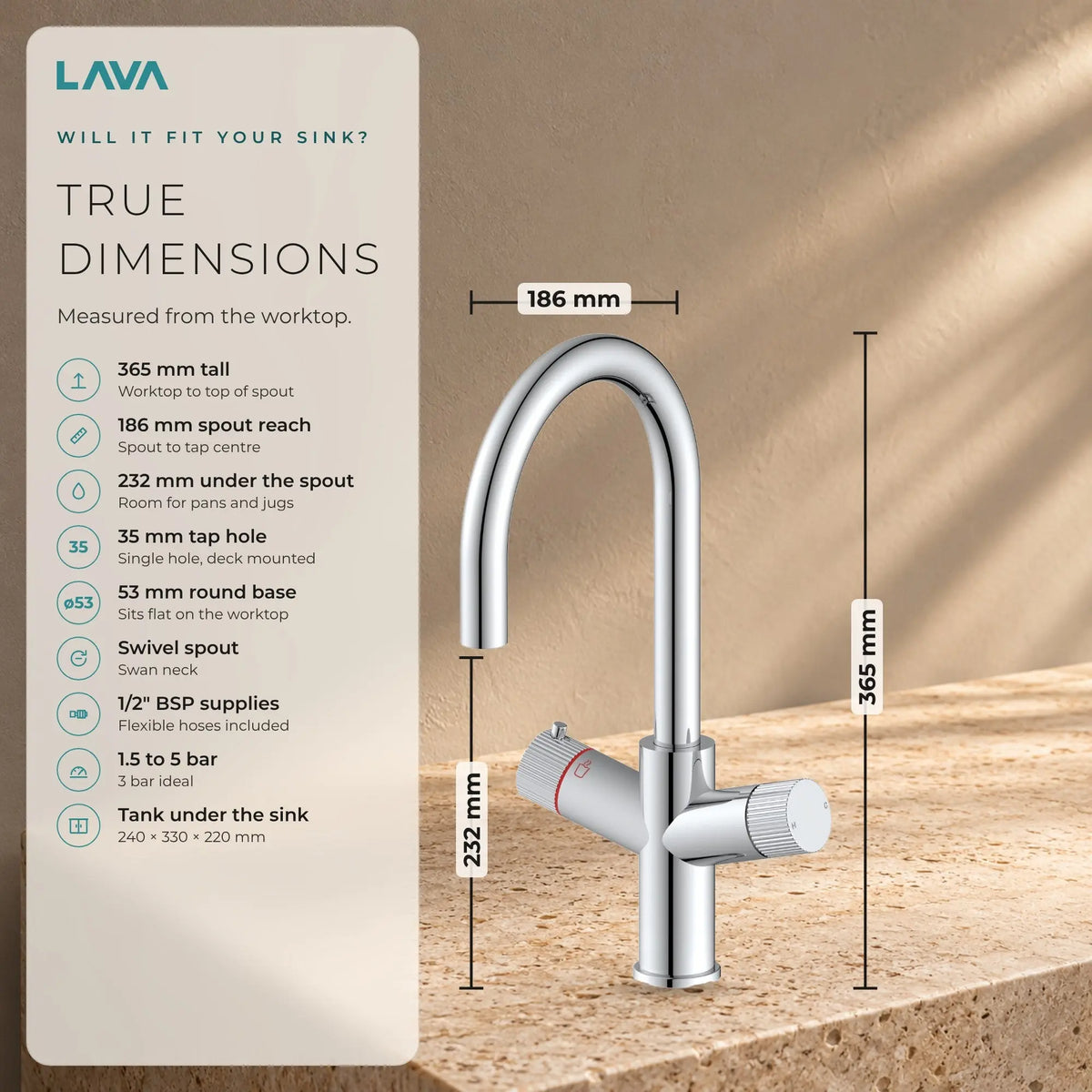 LavaTap chrome 3-in-1 swan neck boiling water tap: size and dimensions