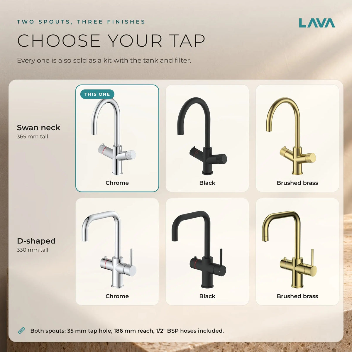 LavaTap chrome 3-in-1 swan neck boiling water tap: chrome, black and brushed brass finishes