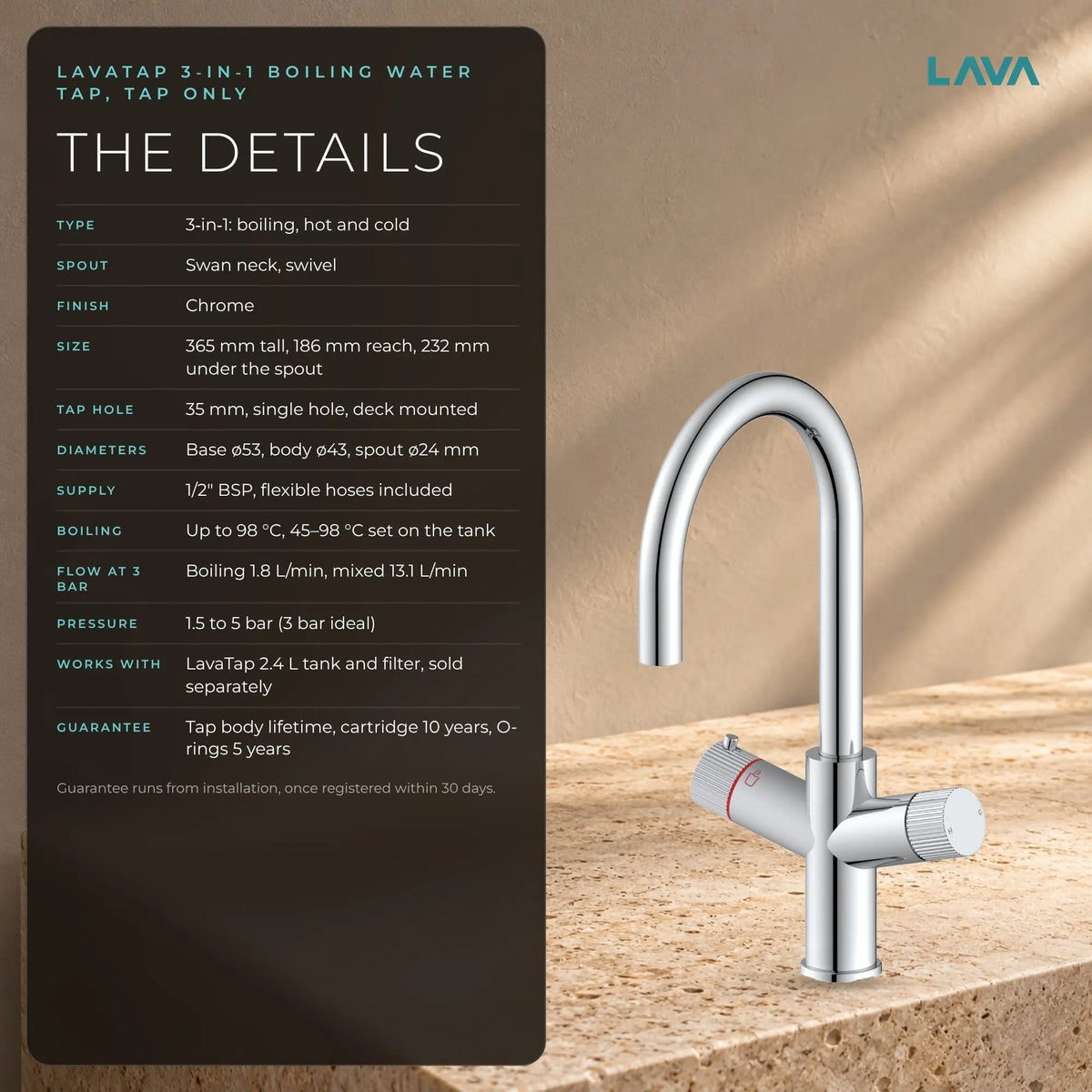 LavaTap chrome 3-in-1 swan neck boiling water tap: specifications