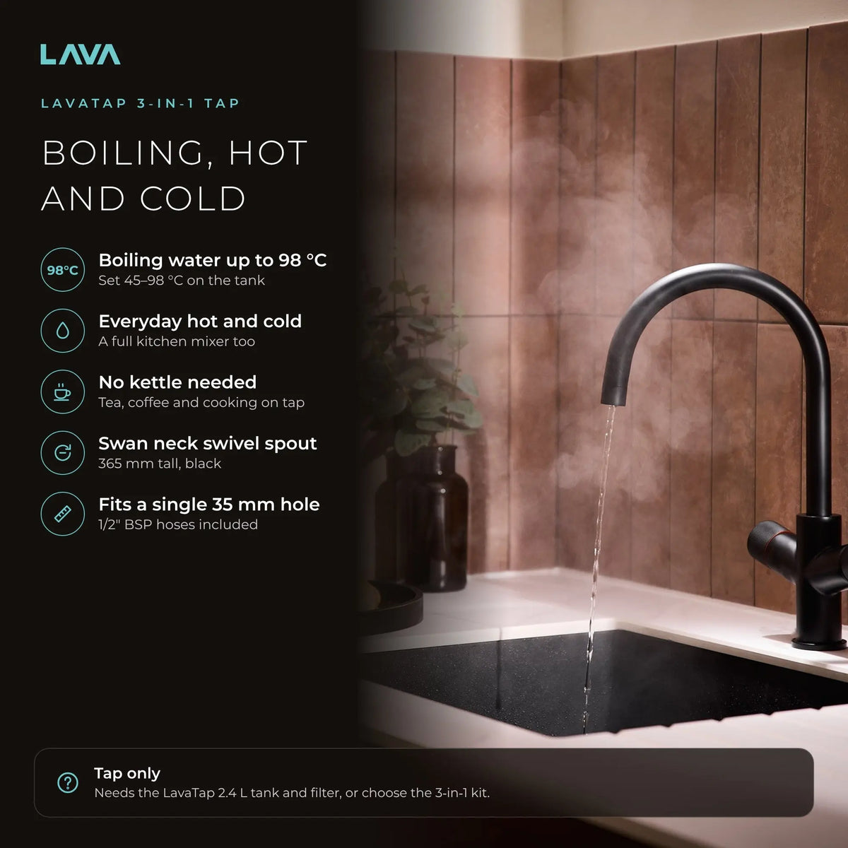 LavaTap black 3-in-1 swan neck boiling water tap: boiling, hot and cold water from one tap