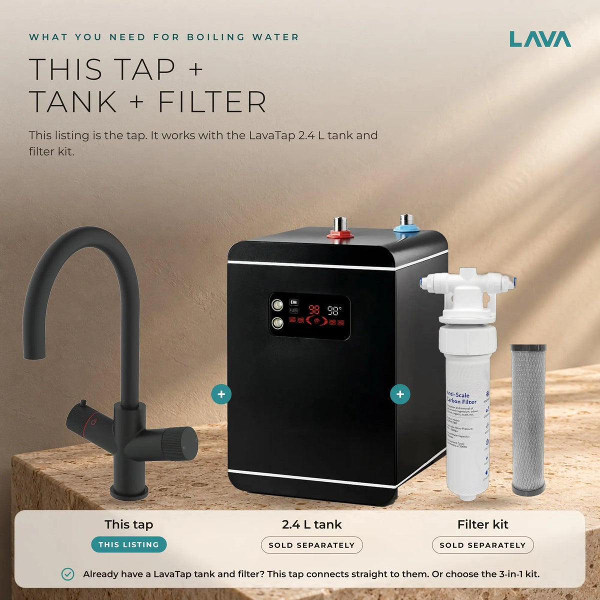 LavaTap black 3-in-1 swan neck boiling water tap: what you need: tap plus tank and filter