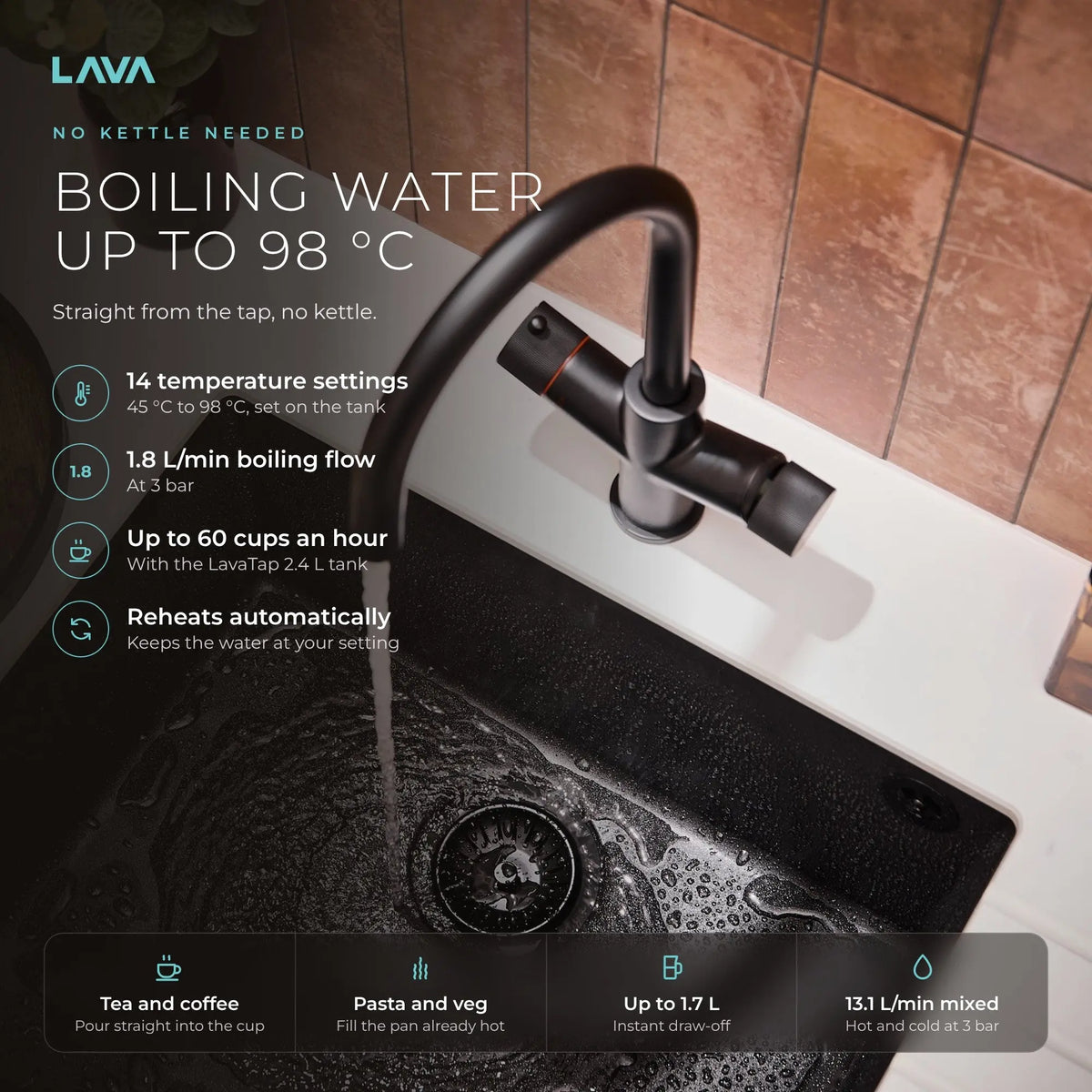 LavaTap black 3-in-1 swan neck boiling water tap: instant water up to 98 °C