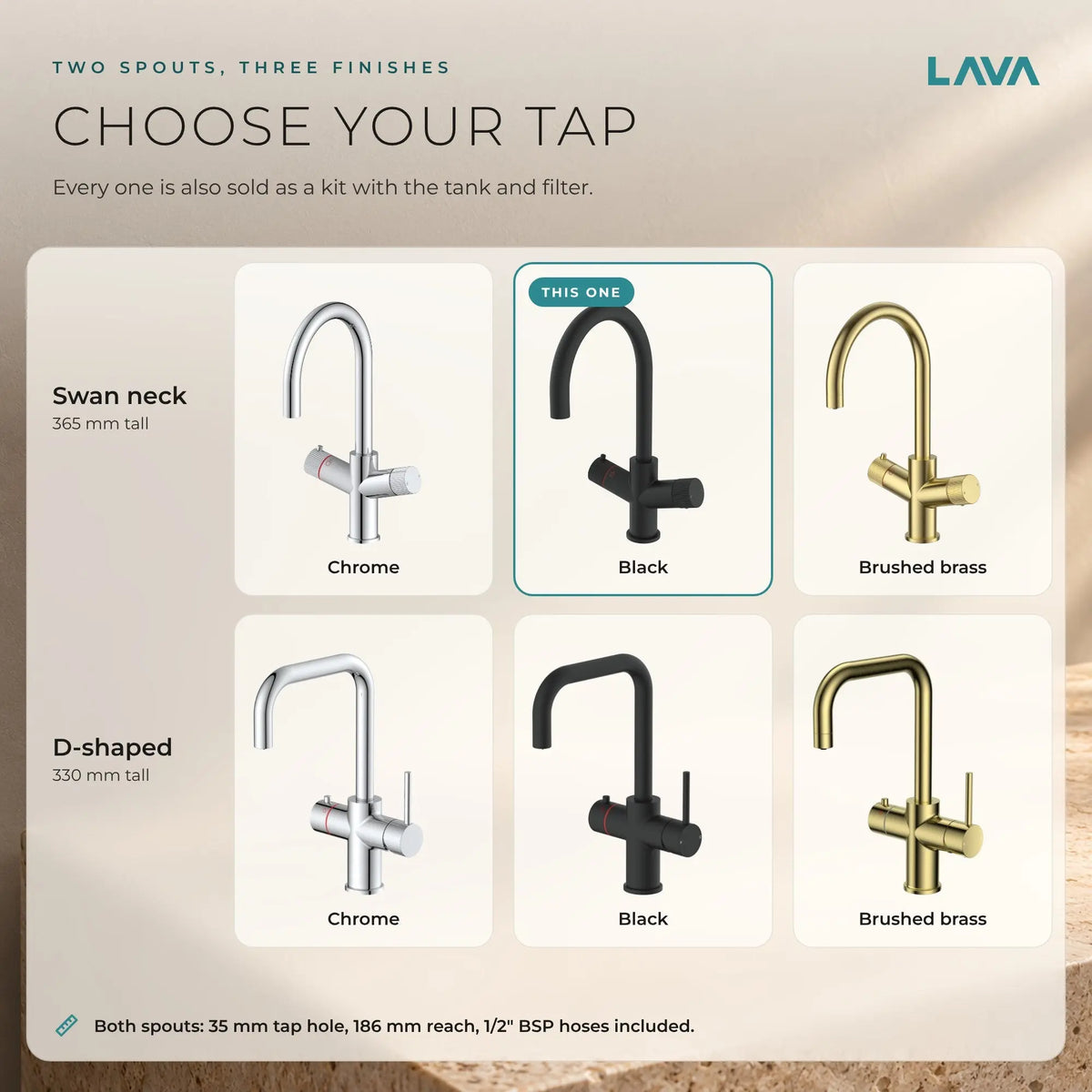 LavaTap black 3-in-1 swan neck boiling water tap: chrome, black and brushed brass finishes