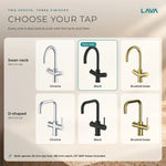 LavaTap black 3-in-1 swan neck boiling water tap: chrome, black and brushed brass finishes