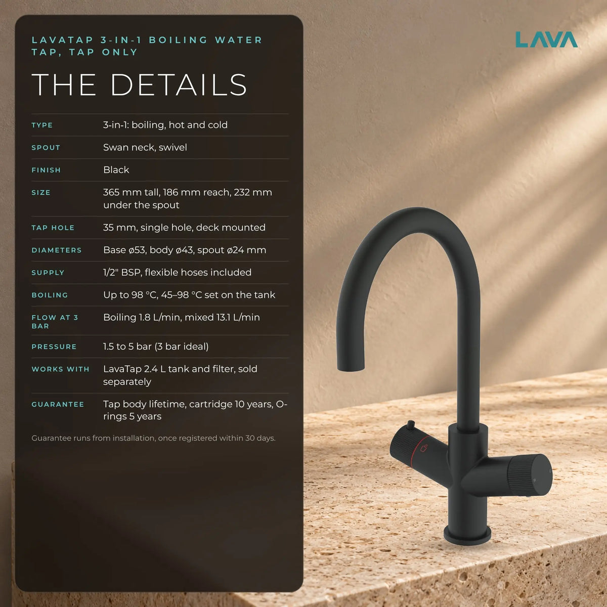 LavaTap black 3-in-1 swan neck boiling water tap: specifications