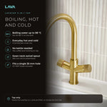 LavaTap brushed brass 3-in-1 swan neck boiling water tap: boiling, hot and cold water from one tap