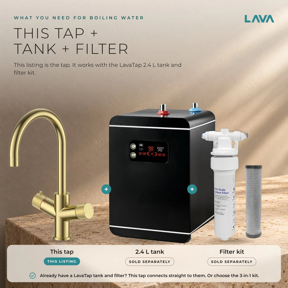 LavaTap brushed brass 3-in-1 swan neck boiling water tap: what you need: tap plus tank and filter
